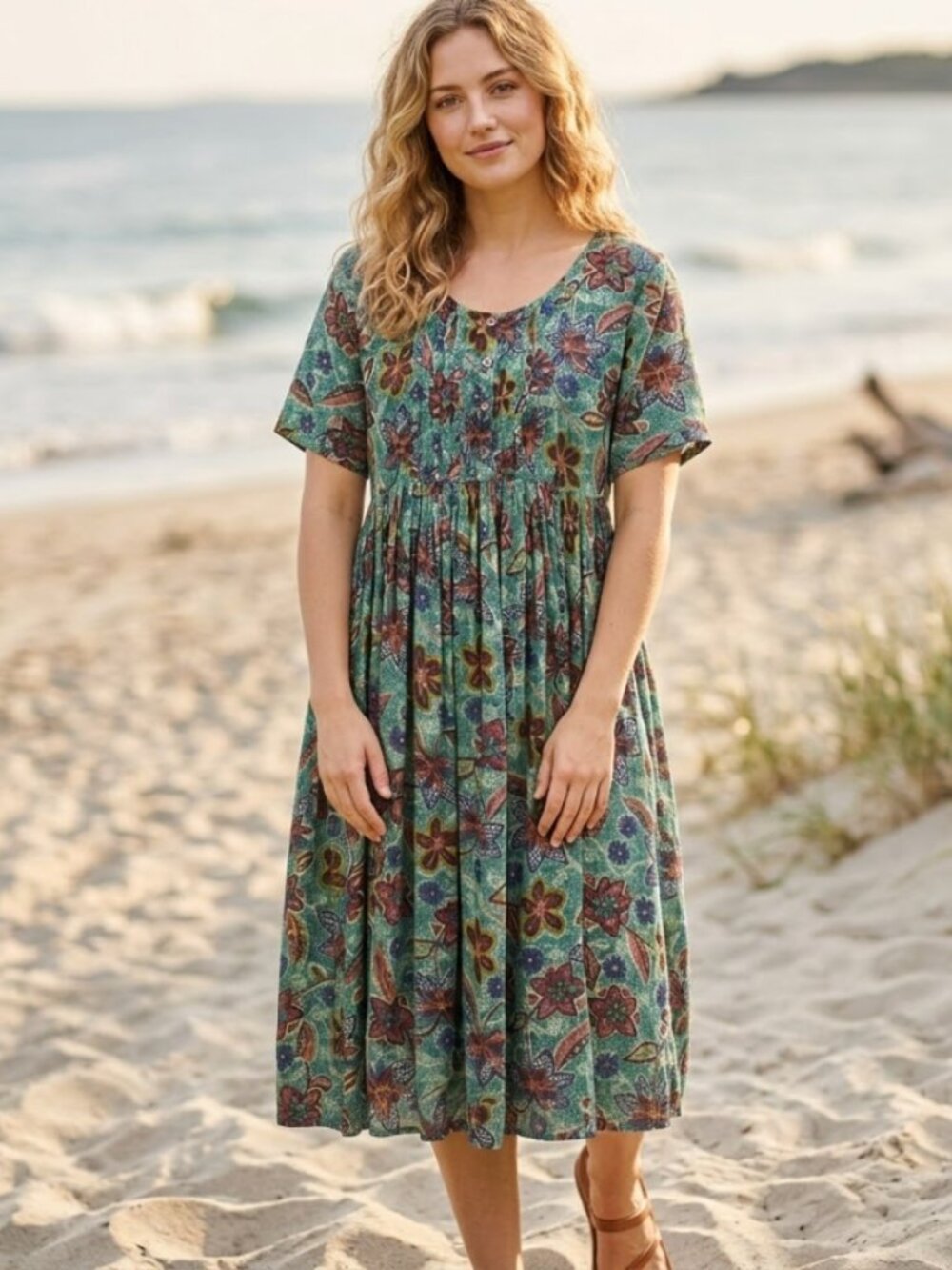 La Cera Floral Midi Dress M Button Short Sleeve Teal Cottage Granny Boho Beach